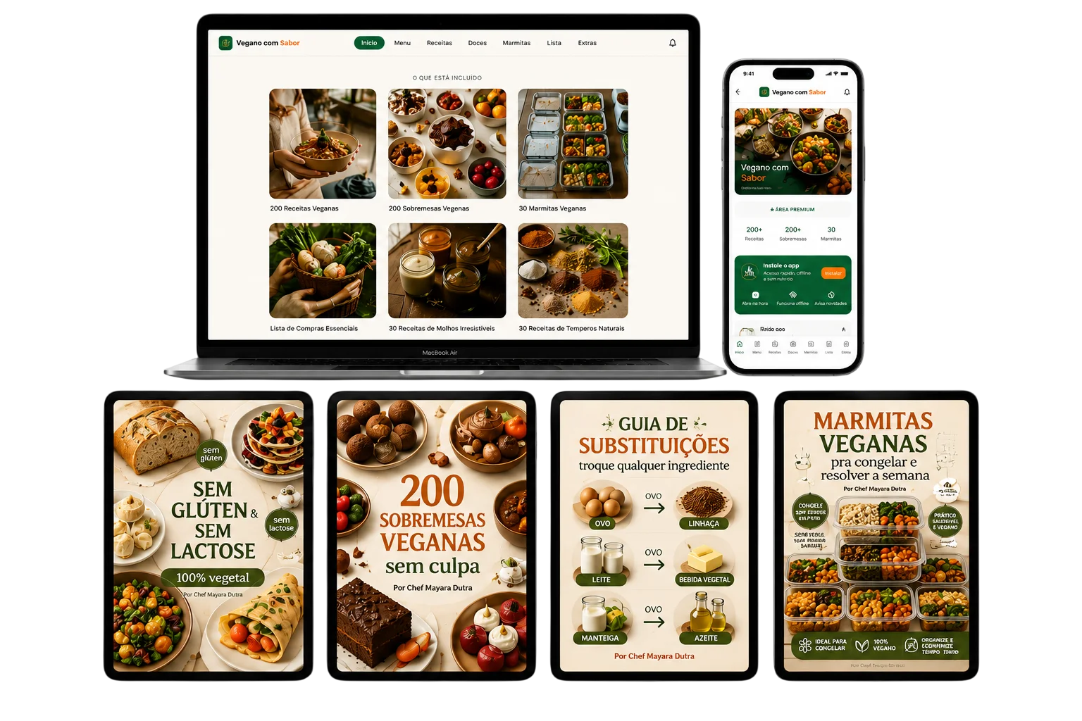 Mockup do acesso completo: app e capas dos bônus.