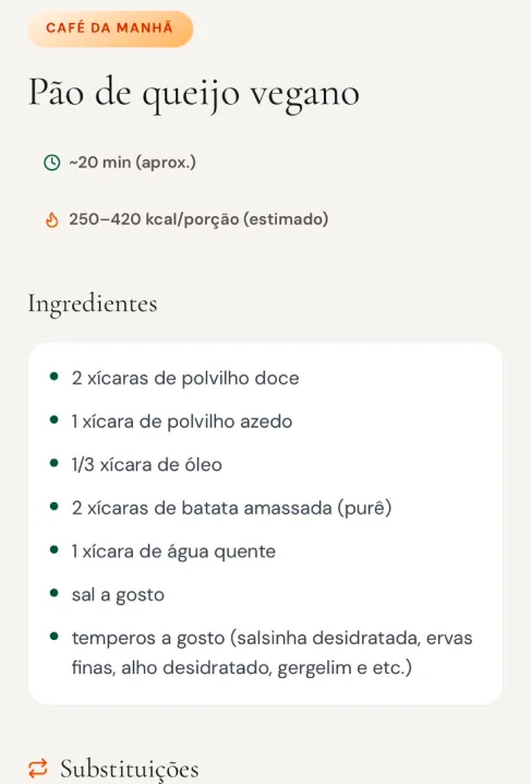 Print do app: ingredientes e substituições